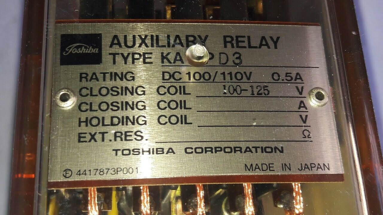Toshiba Corporation KA1PD3 Auxiliary Relay DC 100/110V 0.5A
