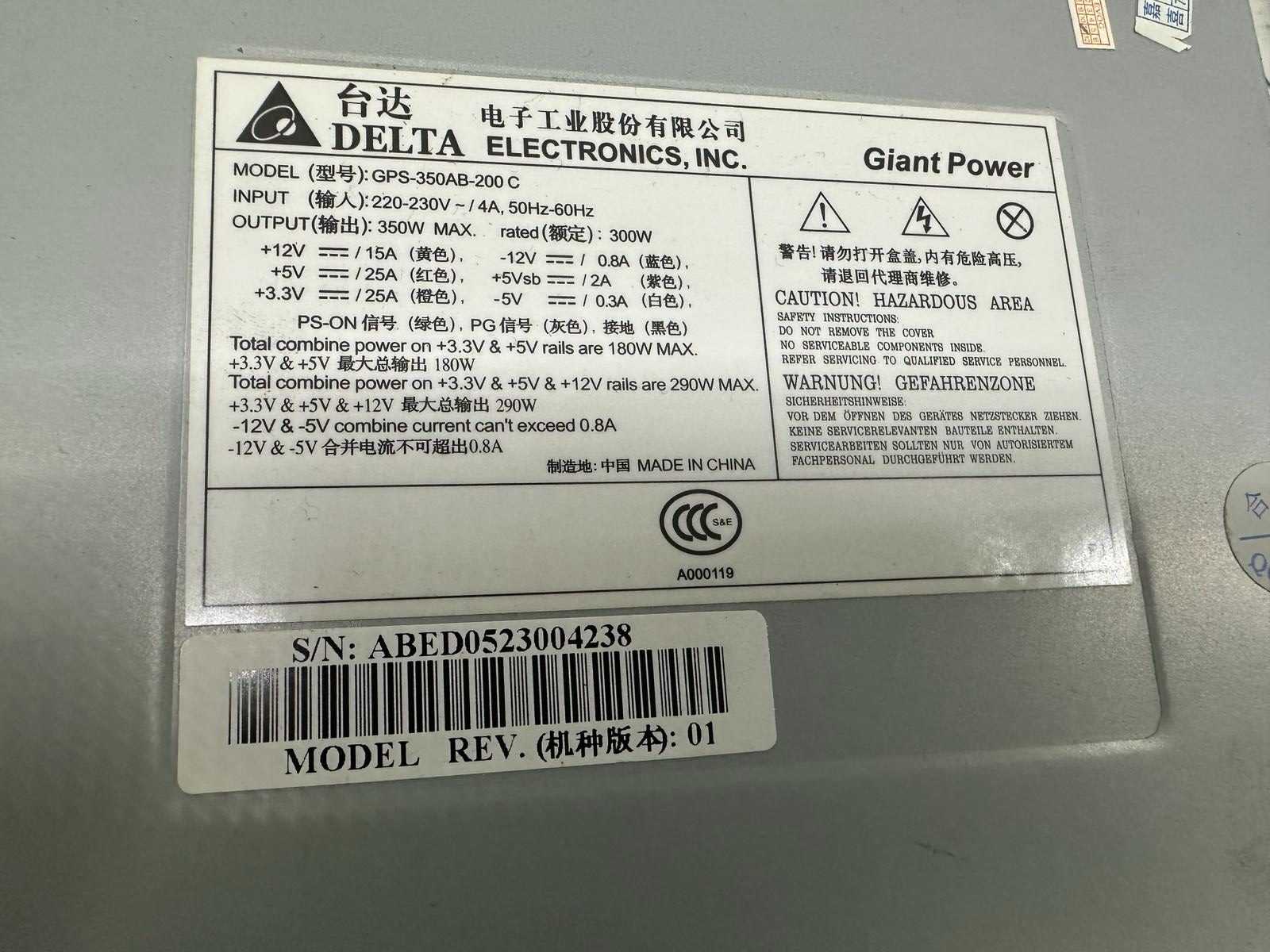 Delta Electronics GPS-350AB-200 C ATX Power Supply Rev:01 350W For ...